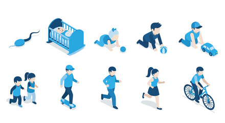 Isometric growth stages of children: baby to kid activities in blue to