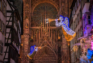 Festive decorations at the famous Strasbourg Cathedral, France, Christmas Market