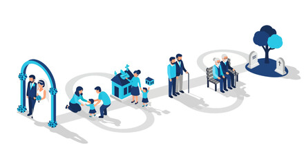 Life stages: from marriage to old age illustrated in isometric design