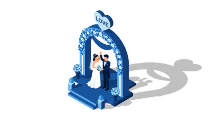 Isometric wedding couple under floral arch with love sign