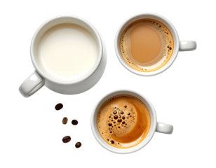 Hot beverages and milk in cups