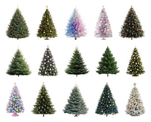 Fototapeta premium PNG Diverse festive Christmas trees displayed, element set on transparent background