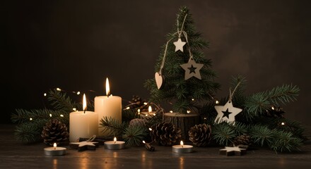 Christmas decorations with candles and pinecones cozy indoor setting