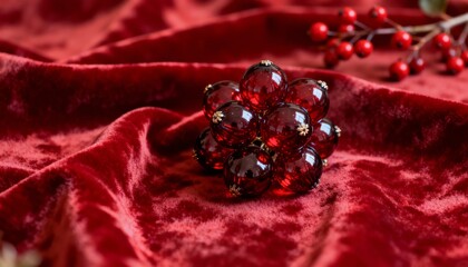 Decorative red ornaments on luxurious velvet fabric indoor close-up