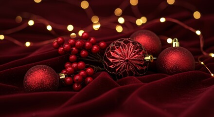 Christmas ornaments on red fabric festive decor indoor close-up