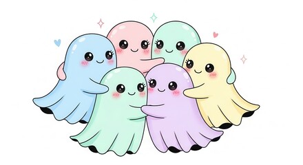 Adorable pastel ghosts ready for Halloween hugs create a cute and spooky scene, perfect for seasonal crafts, invitations, and social media posts