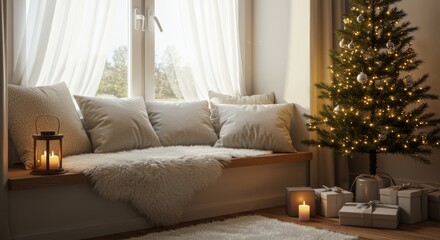Cozy holiday decor with tree and gifts living room interior design