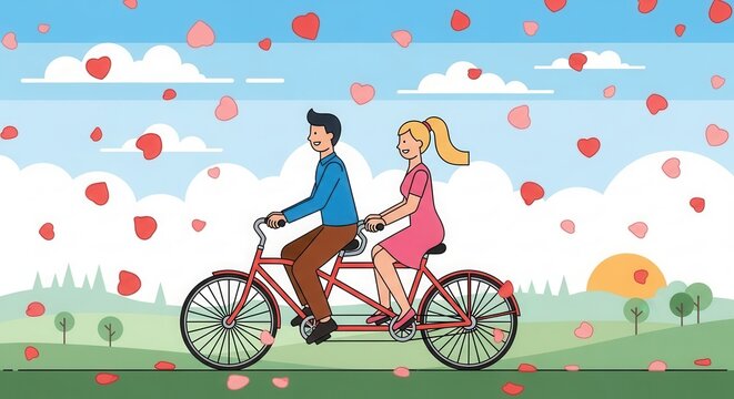 Adorable couple riding tandem bicycle under falling hearts for romantic getaway or Valentine's Day illustration, perfect for love themed designs and celebrations
