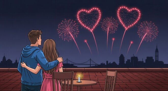 Romantic cityscape view with heart shaped fireworks and loving couple embracing on rooftop, celebrating anniversary with candlelit dinner together