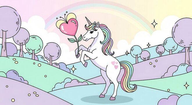 Adorable unicorn with rainbow mane holding heart flower in whimsical landscape, perfect for children's book illustrations and fantasy-themed designs
