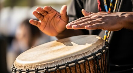 Rhythmic drumming performance with an African djembe drum under warm light, expressing cultural heritage and musical artistry with vibrant energy