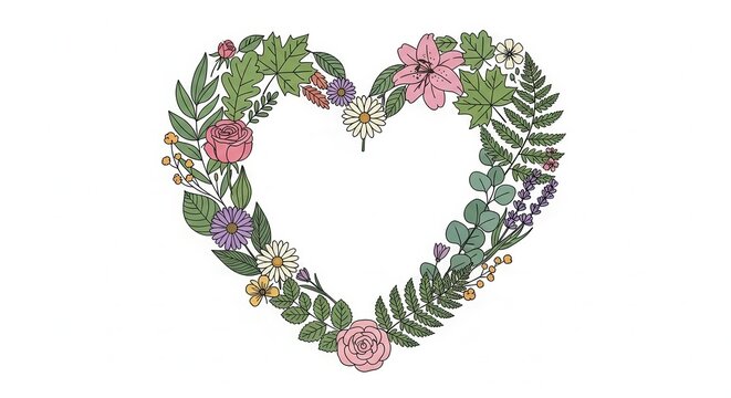 Beautiful floral heart wreath perfect for wedding invitations and heartfelt designs, adding a natural touch of love and elegance to any project