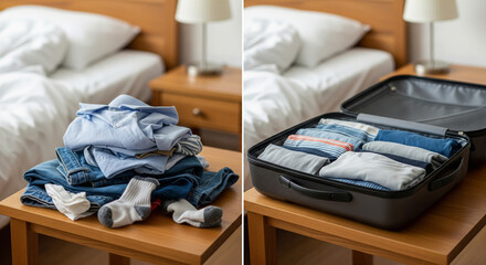 Before and After: Efficiently Packing Clothes into a Travel Suitcase
A diptych comparison showing the dramatic difference between poorly organized and efficiently packed luggage