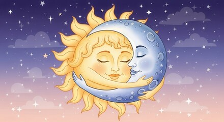 Whimsical sun and moon hug under starry night sky, radiating warmth and cosmic love, perfect for dreamy designs and heartfelt messages