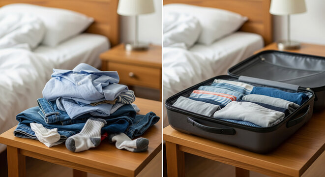 Before and After: Efficiently Packing Clothes into a Travel Suitcase
A diptych comparison showing the dramatic difference between poorly organized and efficiently packed luggage
