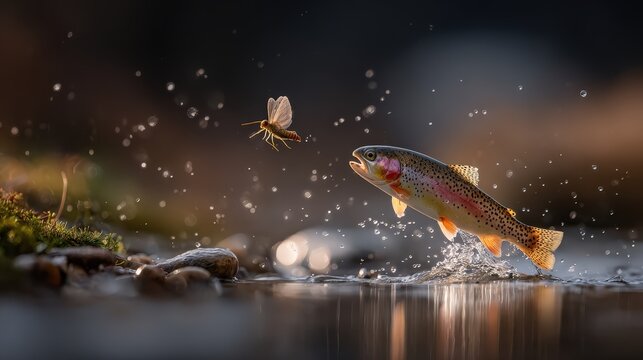 Colorful fish leaps from water surface toward flying insect with dramatic lighting - Powered by Adobe