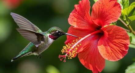 Naklejka premium Hummingbird in flight approaches vibrant red hibiscus flower, sipping nectar and spreading beauty in nature's perfect harmony, an elegant summer scene