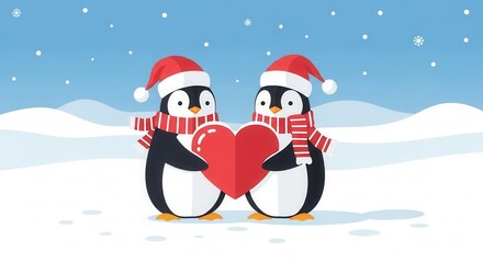 Charming penguins wearing Santa hats holding a heart in a snowy scene evokes winter holiday happiness and festive spirit for seasonal projects