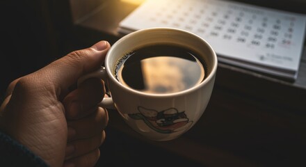 Enjoying a warm coffee home office lifestyle cozy atmosphere close-up