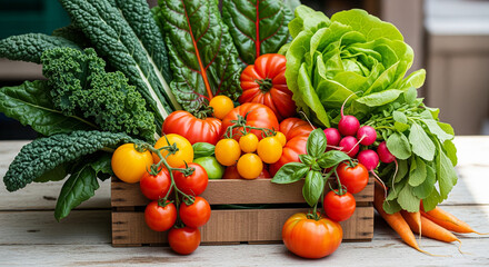 Vibrant Box of Freshly Harvested Vegetables on a Wooden Table
A colourful, close-up, horizontal image capturing a variety of freshly harvested, organic vegetables overflowing from a rustic wooden