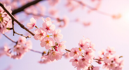 Soft Pink Sakura Flowers Blooming Against A Bright Spring Sky
A vibrant, close-up, horizontal shot capturing a branch heavy with delicate pink cherry blossoms (sakura) in full bloom