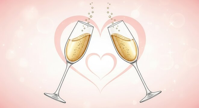 Toast to love with sparkling champagne glasses against a soft pink heart background, perfect for romantic celebrations and special occasions