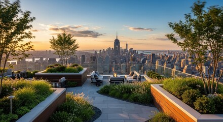 Obraz premium Stunning rooftop garden in New York City with a breathtaking skyline view at sunset, offering a luxurious and tranquil urban escape for relaxation