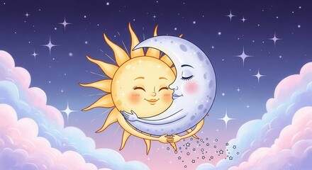 Charming sun and moon embracing under a starry sky, perfect for children's books or whimsical designs, radiating warmth and love for delightful projects