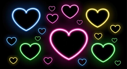 Vibrant neon hearts glowing against black backdrop for a modern Valentine's Day or love themed design that adds a playful and bright touch to any project
