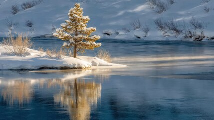 Fototapeta premium Solitary snow dusted evergreen tree stands beside cold flowing river during winter
