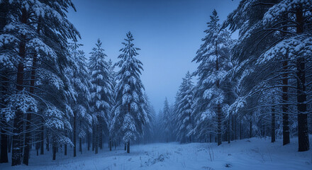 Deep Winter Forest: Snowy Path Through Tall Pine Trees.
A dramatic and atmospheric winter landscape shot capturing a narrow, snow-covered path leading deep into a dense forest of tall pine