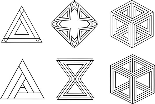 Impossible shapes set optical illusions and geometric paradoxes in black and white