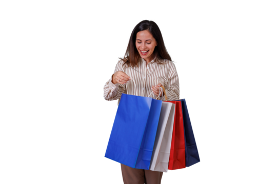 Happy woman opening shopping bag after successful shopping, excited by purchases on transparent background