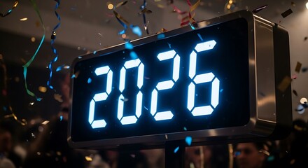 Digital Clock Displays 2026 Amidst Falling Confetti and Streamers.