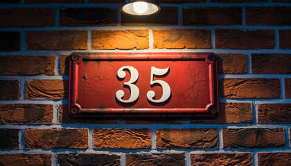 Brick wall showcasing a 35 sign under light. Great for birthday or milestone themed designs, urban backgrounds, or architectural concepts.