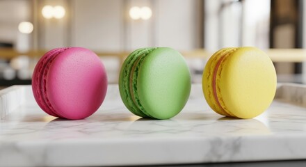 Indulge in the vibrant colors of these delightful macarons on a pristine marble surface, perfect for a touch of sweetness and elegance in your creative projects