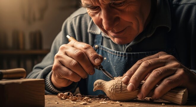Master craftsman lovingly carves a wooden bird, creating a timeless treasure with passion and skill in his workshop with shavings around his workbench