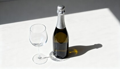Celebratory champagne bottle and glass minimalist setting photography