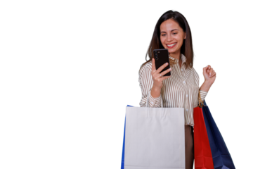 Woman shopping online, holding phone and colorful bags, enjoying retail therapy with mobile technology on transparent background