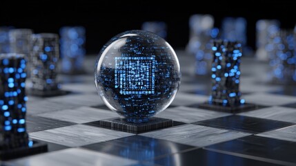 Digital intelligence manifests as a crystal orb centerpiece on a futuristic checkered board.