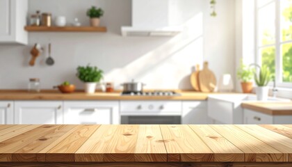 Fototapeta premium Wooden table in a bright, modern kitchen with sunlight streaming in.