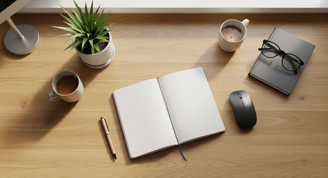Clean Minimalist Desk Setup with Notebook, Coffee, and Morning Light
Overhead, high-angle shot of a clean and minimalist workspace bathed in soft natural light from a nearby window
