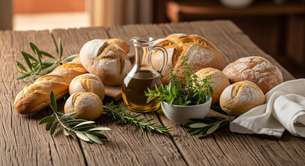 Rustic Table with Assorted Fresh Bread, Oil and Herbs.
A richly textured, inviting still life composition showcasing an abundant arrangement of freshly baked artisan bread