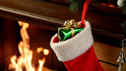 Close up of a red and white Christmas stocking filled with a green present hanging by a warm fireplace with blurred fire