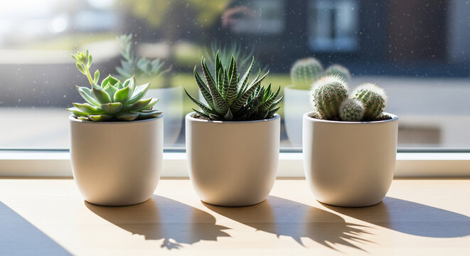 Trio of Potted Succulents and Cactus on Sunny Windowsill.
A clean, brightly lit, and modern indoor image featuring a row of three different small potted succulent plants lined up on a sunny wooden  - Powered by Adobe