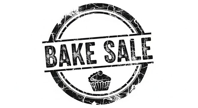 Distressed black and white bake sale stamp.