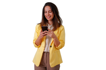 Young entrepreneur woman sending message on smartphone, smiling while working remotely, transparent background for easy use