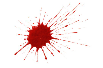 Red paint or blood splat with radial streaks and drops. Element for themes of danger, risk, emergency, and shock. Transparent background