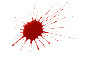 Red paint or blood splat with radial streaks and drops. Element for themes of danger, risk, emergency, and shock. Transparent background