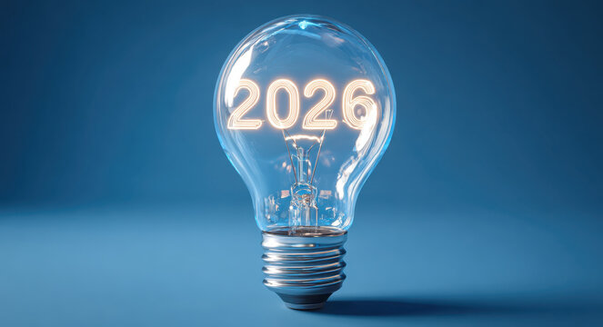 Glowing 2026 light bulb representing new goals, strategic direction and forward-thinking plans for the year ahead